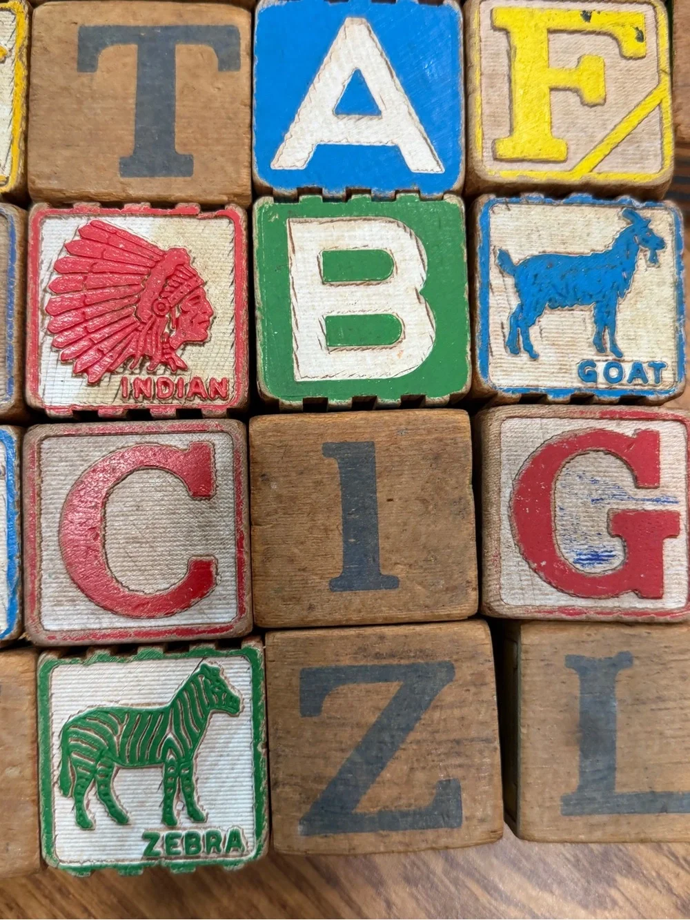 Vintage Antique Wooden Children's Toy Alphabet 43 Blocks Distressed 4 Sided